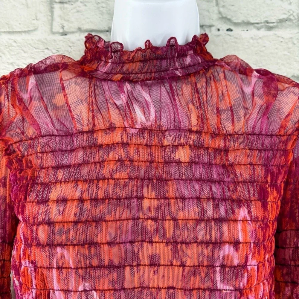 Free People Hello There Floral Boho Top Smocked Mesh See Measurements